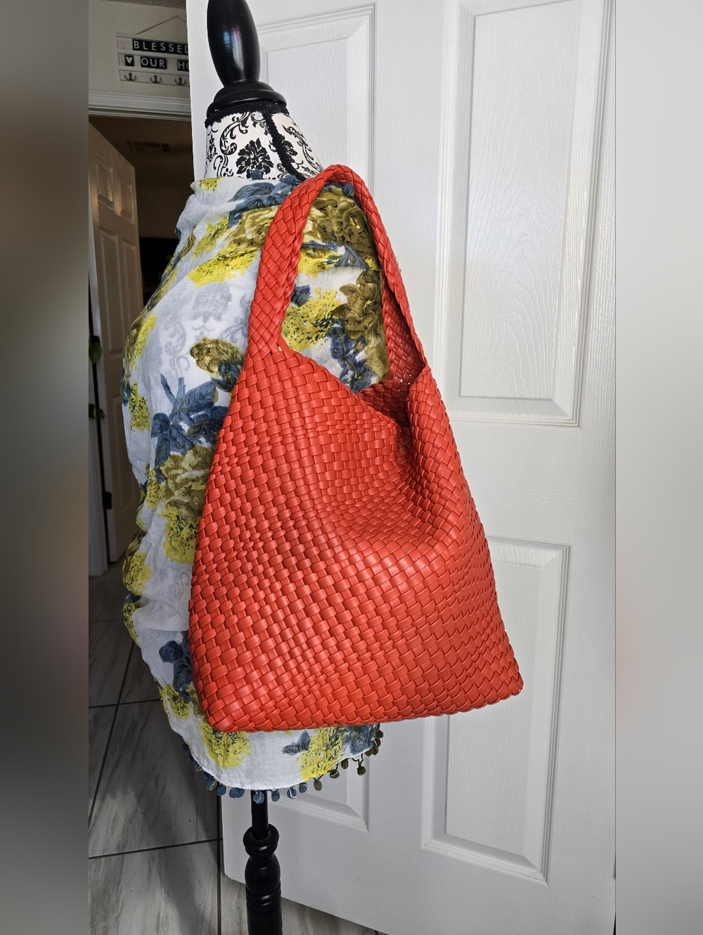 Orange Woven Shoulder Tote Bag in Orange Color